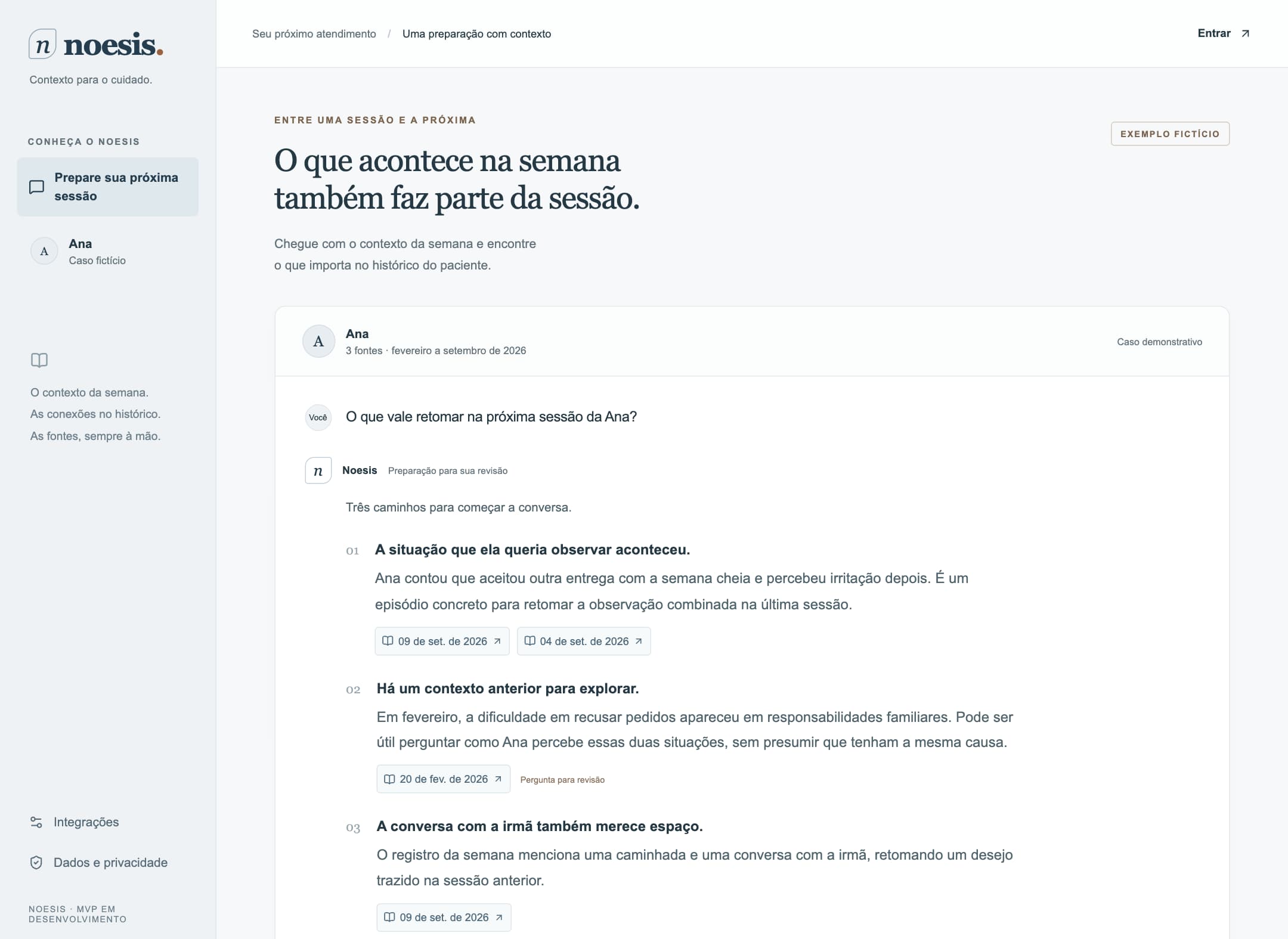 Tela real da demonstração Noesis: preparação da próxima sessão com fontes do caso fictício de Ana.