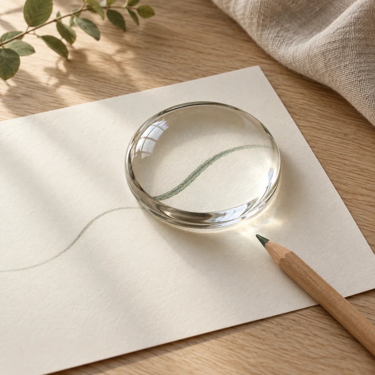 Lente de vidro sobre um traço verde no papel, evocando um olhar cuidadoso sobre cada registro.